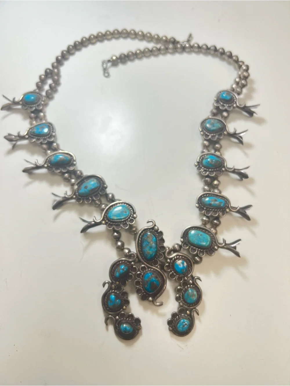 Sterling Silver Turquoise Squash Blossom Necklace - Picture 3 of 15